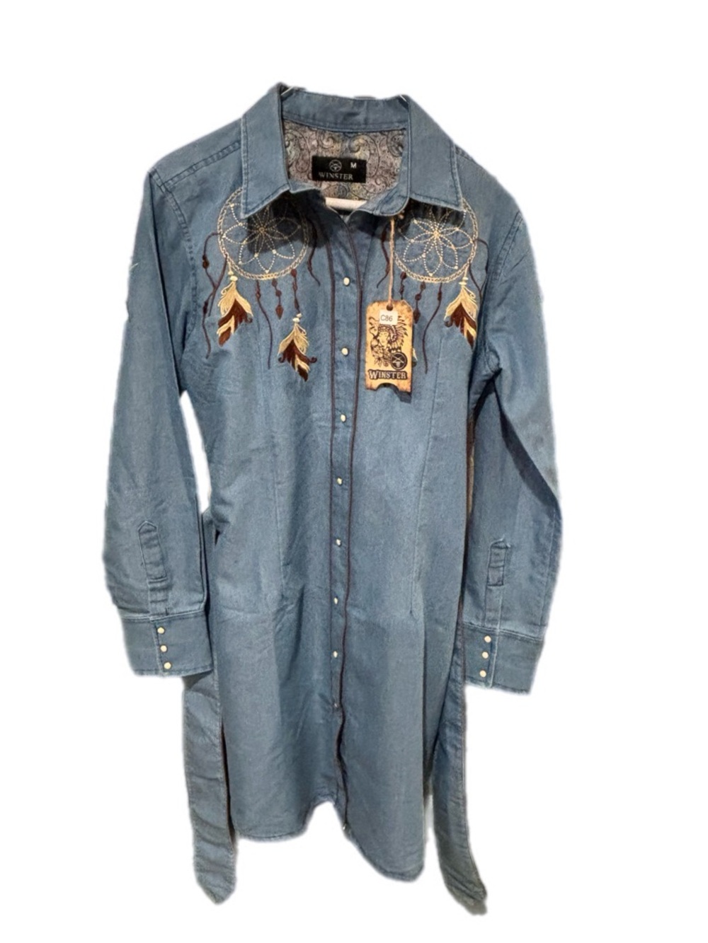 Winster Western Denim Dress Medium Embroidered Dreamcatcher Tie Belt Boho NWT - Picture 4 of 11